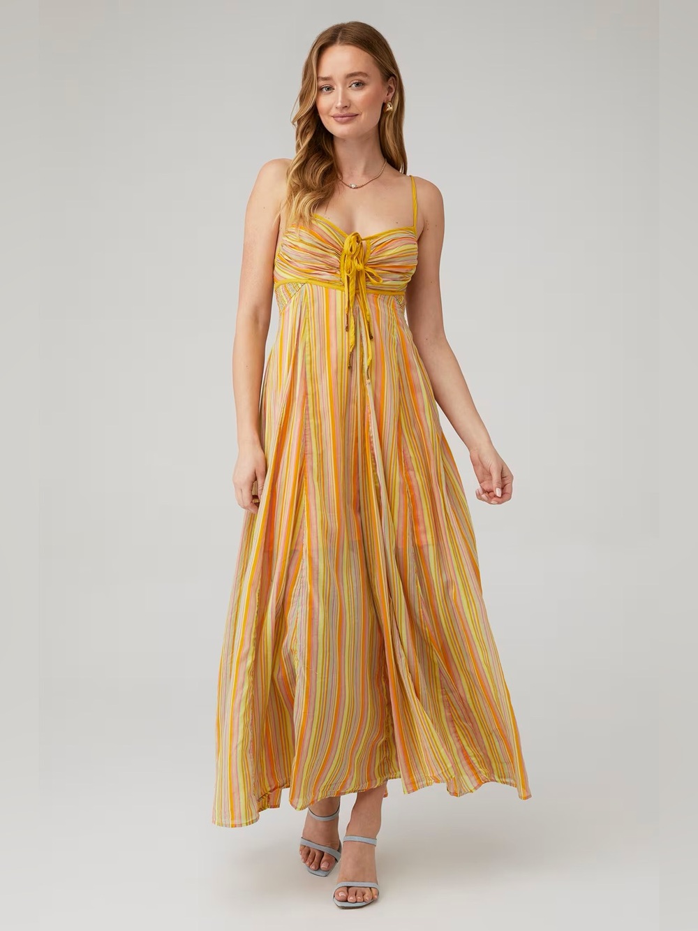 Free People Dream Weaver Maxi Dress Striped Yellow Rainbow Multi Sundress Large